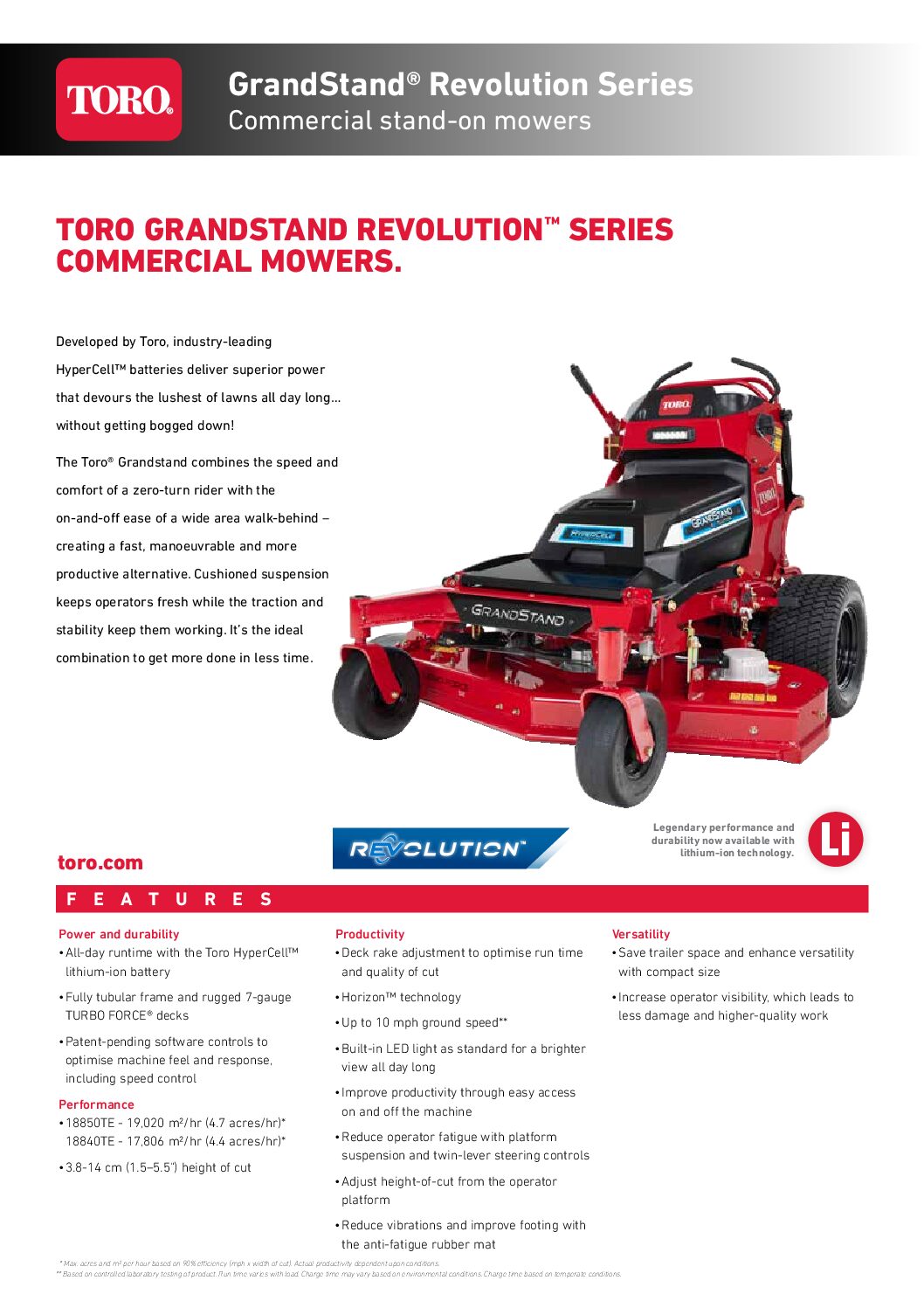 TORO GRANDSTAND REVOLUTION™ SERIES COMMERCIAL MOWERS.