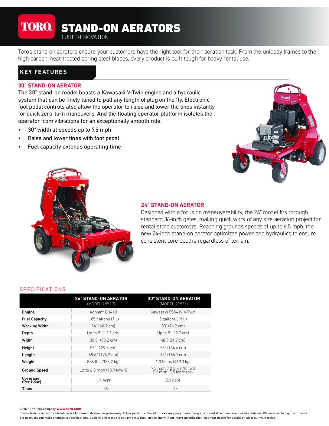 TORO 30′ Stand On Aerator Spec Sheet