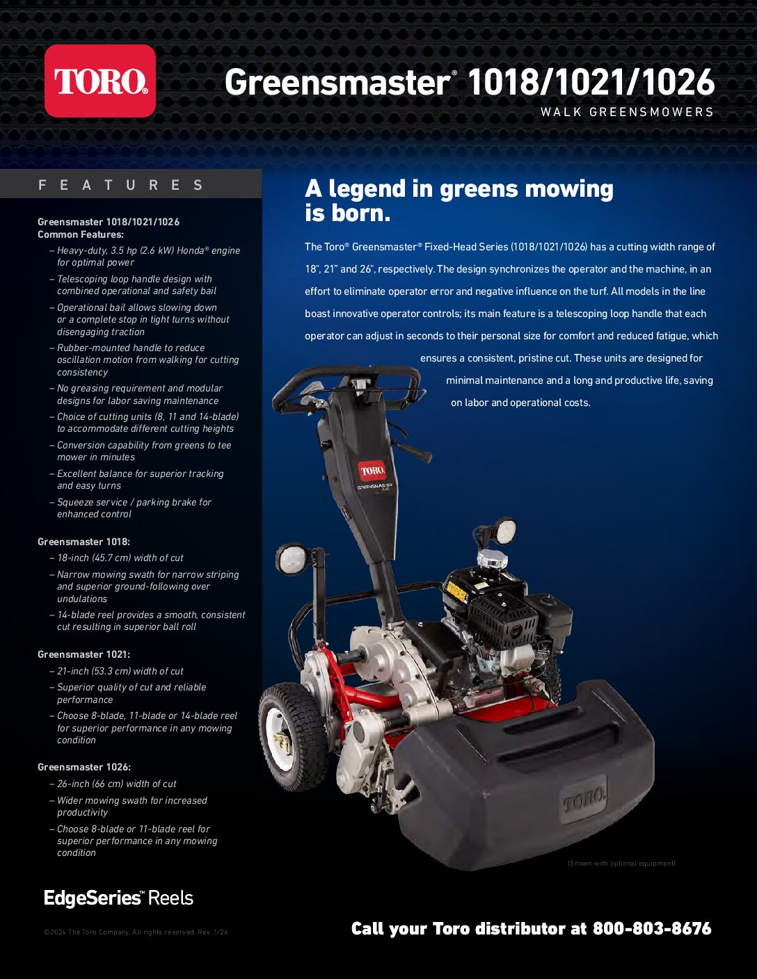 TORO GreensMaster 1000 Series Spec Sheets