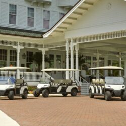 A family of Toro Vista golf carts, including 2-seater, 4-seater, and 6-seater models, parked outside a white colonial-style building with a covered porch