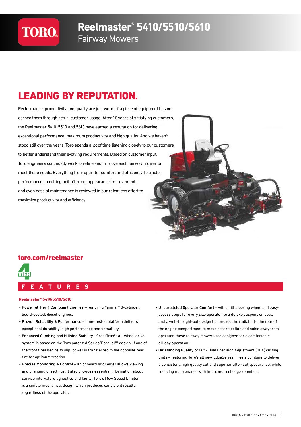 TORO Reelmaster 5410 5510 5610 Spec Sheet & Comparison