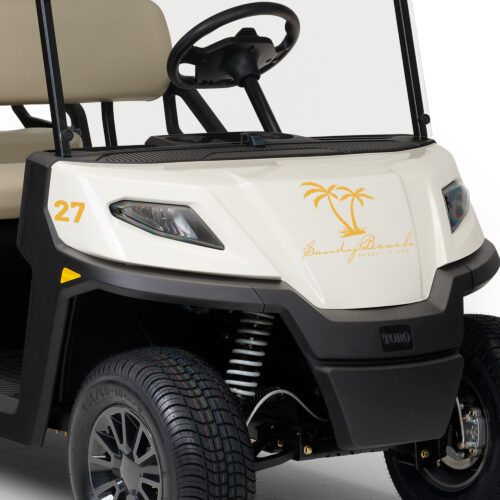 Toro Vista 4-seater golf cart front view, featuring Sandy Beach Resort & Spa branding, beige seats, and sleek headlights, with the number 27 on the side