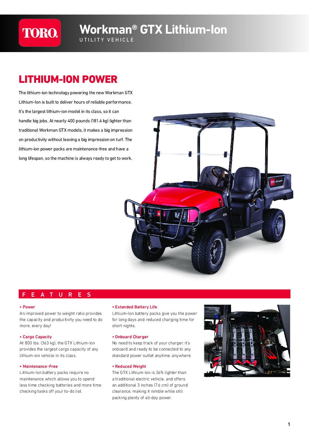 Toro Workman GTX Series Lithium Utility Vehicle – Spec Sheet