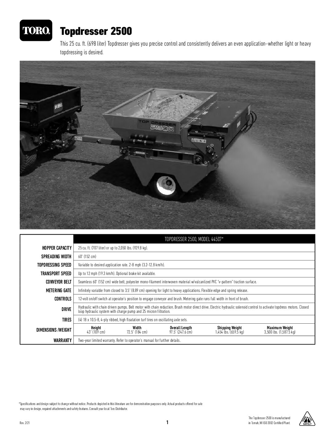 Toro Topdresser 2500 – Spec Sheet