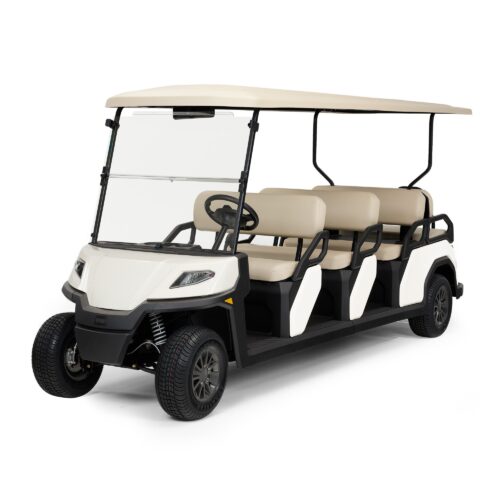 Toro Vista 8 EFI gas golf cart featuring a minimalist design with a beige roof and seats, suitable for large-scale passenger transport, shown in a studio