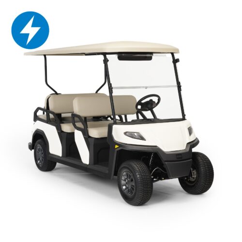 Side view of the Toro Vista 6-seater lithium-powered utility vehicle, designed for transporting passengers